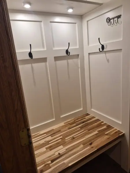 Mudroom Remodel with Custom Seating and Shelving in Valparaiso